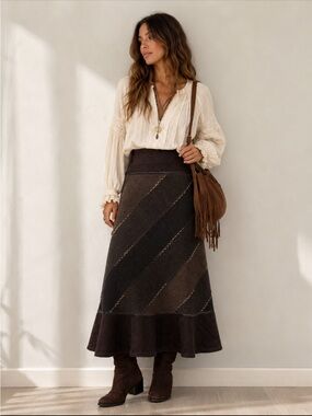 Vintage Elra Brown Wool A-Line Midi Skirt Panel Stitch Detail Size 42 Large